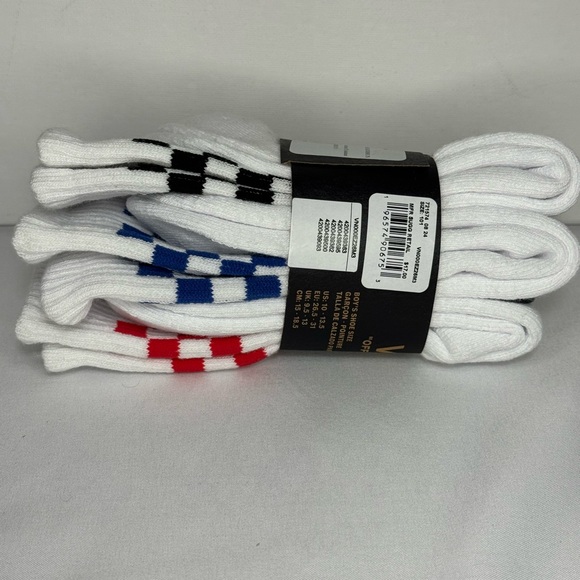 Vans Boy’s White Crew Socks with Red, Blue, and Black Checkered Pattern - Picture 3 of 5